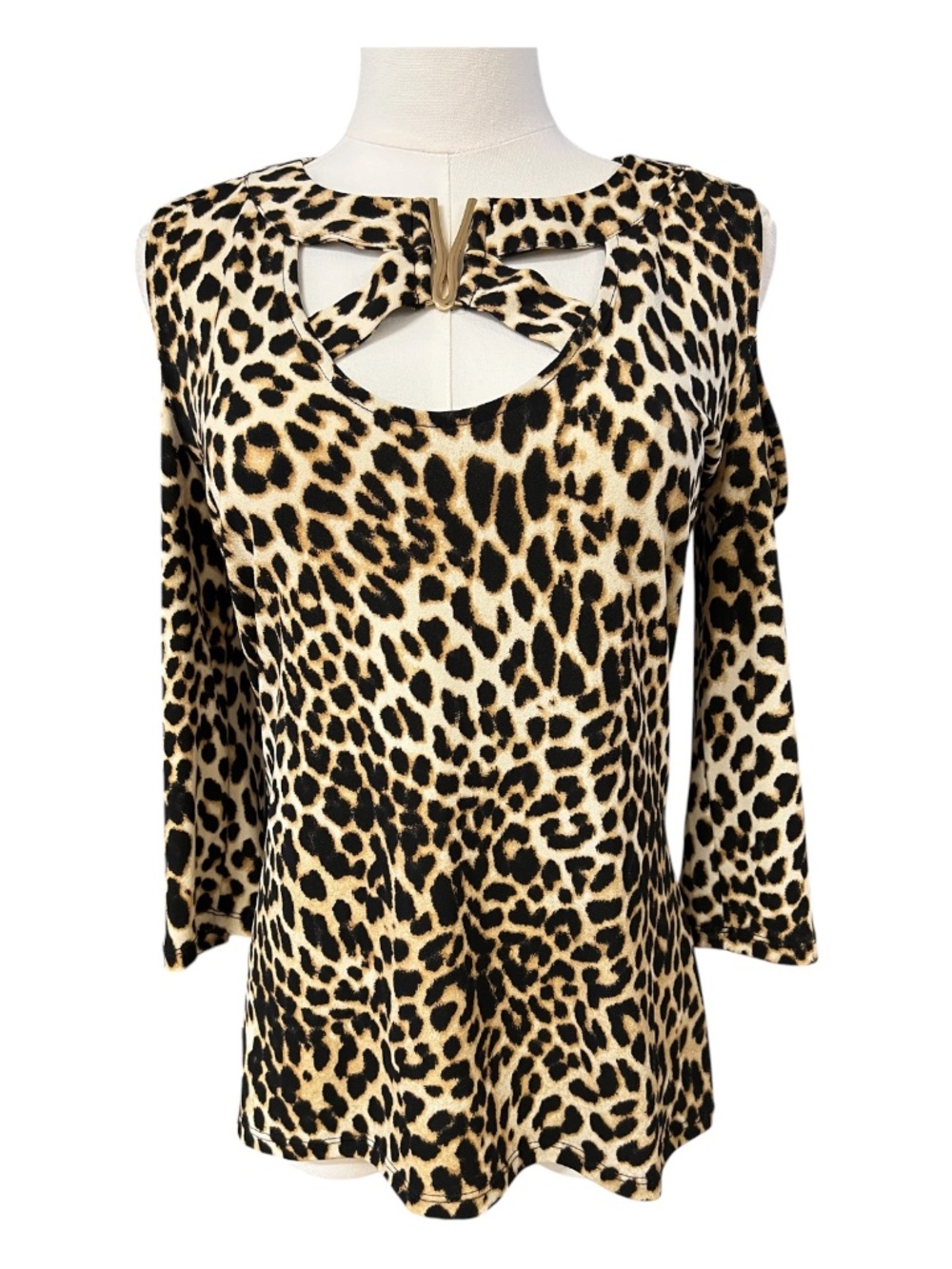 EUC BOLD Elements Leopard Print Cold Shoulder Blouse Gold Detail | Size M